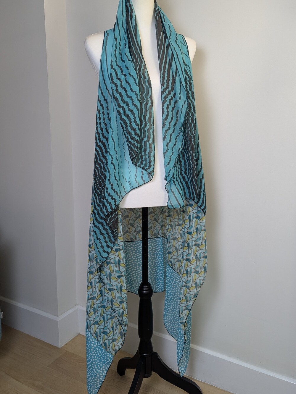 Turquoise Sheer Mixed Print Long Vest Topper Boho Zebra Geometric Open Layering